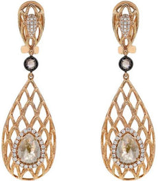 4.5CT WHITE & ROSE CUT DIAMOND 18K ROSE GOLD FILIGREE TEAR DROP HANGING EARRINGS