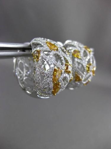 ESTATE 4.28CT FANCY COLOR DIAMOND 18KT TWO TONE GOLD 3D HUGGIE HOOP EARRINGS
