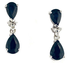 2.91CT DIAMOND & AAA SAPPHIRE 14K WHITE GOLD ROUND & PEAR SHAPE HANGING EARRINGS