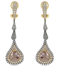 LARGE 8.31CT WHITE & MOCHA DIAMOND 18K ROSE GOLD TEAR DROP HALO HANGING EARRINGS