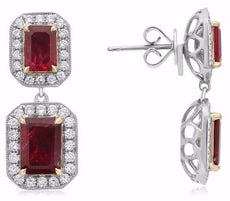 GIA 5.06CT DIAMOND & AAA RUBY 18K TWO TONE GOLD 3D HEXGAON HALO HANGING EARRINGS