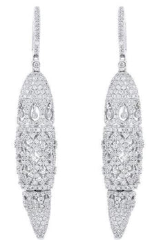 LARGE 3.10CT DIAMOND 14KT WHITE GOLD OPEN FILIGREE ELONGATED HANGING EARRINGS