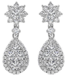 1.45CT DIAMOND 18KT WHITE GOLD 3D CLUSTER TEAR DROP SNOWFLAKE HANGING EARRINGS