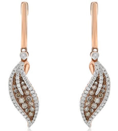.98CT WHITE & CHOCOLATE FANCY DIAMOND 14KT ROSE GOLD 3D LEAF HANGING EARRINGS