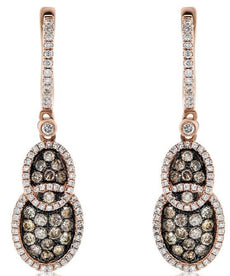1.45CT WHITE & MOCHA DIAMOND 14KT ROSE GOLD CLUSTER DOUBLE OVAL HANGING EARRINGS