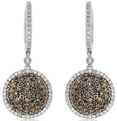 2.37CT WHITE & CHOCOLATE FANCY DIAMOND 14KT WHITE GOLD 3D ROUND HANGING EARRINGS