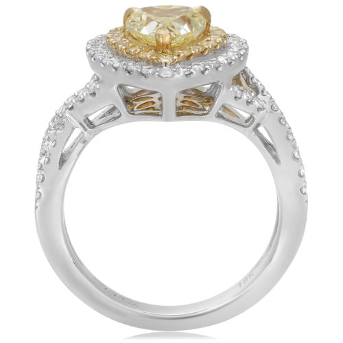 ESTATE 1.77CT WHITE & FANCY YELLOW DIAMOND 18KT 2 TONE GOLD HALO ENGAGEMENT RING