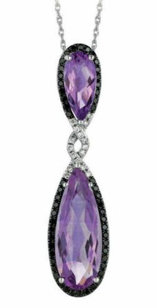 8.30CT WHITE & BLACK DIAMOND & AAA AMETHYST 14KT WHITE GOLD 3D TEAR DROP PENDANT