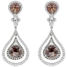 LARGE 9.94CT WHITE & MOCHA DIAMOND 18KT WHITE GOLD 3D TEAR DROP HANGING EARRINGS