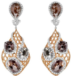 17.49CT WHITE & MOCHA DIAMOND 18KT 2 TONE GOLD 3D MULTI SHAPE HANGING EARRINGS