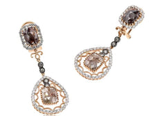LARGE 8.12CT WHITE & MOCHA DIAMOND 18KT ROSE GOLD 3D TEAR DROP HANGING EARRINGS