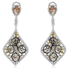 LARGE 7.62CT MULTI COLOR DIAMOND 18K WHITE GOLD FILIGREE FLOWER HANGING EARRINGS