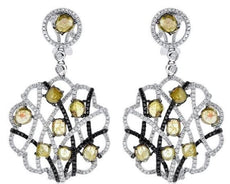 LARGE 6.85CT MULTI COLOR DIAMOND 18KT WHITE & BLACK GOLD FLOWER HANGING EARRINGS