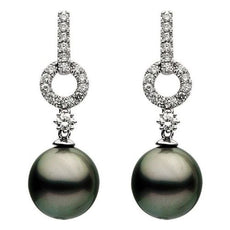 ESTATE .61CT ROUND DIAMOND & AAA TAHITIAN PEARL 18K WHITE GOLD CIRCULAR EARRINGS