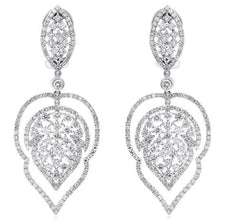 LARGE 5.70CT DIAMOND 18KT WHITE GOLD 3D OPEN FILIGREE LEAF HANGING EARRINGS