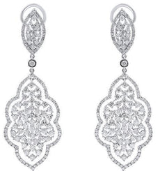 LARGE 6.5CT DIAMOND 18K WHITE GOLD FLOWER OPEN FILIGREE CLIP ON HANGING EARRINGS