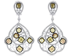 4.87CT MULTI COLOR DIAMOND 18KT WHITE GOLD FLOWER OPEN FILIGREE HANGING EARRINGS