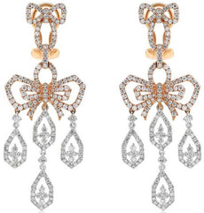 3.54CT DIAMOND 18KT WHITE & ROSE GOLD 3D TEAR DROP BOW CLIP ON HANGING EARRINGS