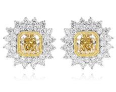 3.81CT WHITE & FANCY YELLOW DIAMOND 18K WHITE GOLD CUSHION ROUND FLOWER EARRINGS