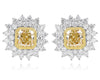 3.81CT WHITE & FANCY YELLOW DIAMOND 18K WHITE GOLD CUSHION ROUND FLOWER EARRINGS