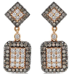 2.10CT WHITE & CHOCOLATE FANCY DIAMOND 18KT ROSE GOLD 3D SQUARE HANGING EARRINGS