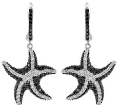 2.25CT WHITE & BLACK DIAMOND 14K WHITE GOLD MULTI ROW STAR FISH HANGING EARRINGS