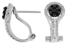 ESTATE .70CT WHITE & BLACK DIAMOND 14KT WHITE GOLD 3D FLOWER CLIP ON EARRINGS