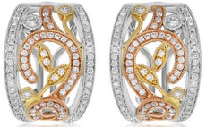 WIDE .85CT DIAMOND 14KT TRI COLOR GOLD 3D OPEN FILIGREE CLIP ON HANGING EARRINGS