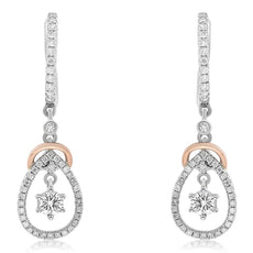 .91CT DIAMOND 14KT WHITE & ROSE GOLD 3D SOLITAIRE TEAR DROP FUN HANGING EARRINGS