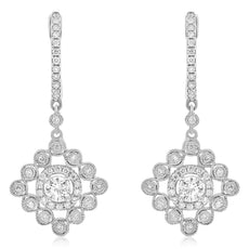 ESTATE .82CT DIAMOND 14KT WHITE GOLD 3D ROUND FLOWER LEVERBACK HANGING EARRINGS