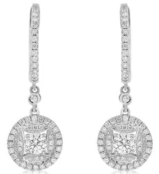 ESTATE .95CT DIAMOND 14K WHITE GOLD 3D ROUND & PRINCESS CLASSIC HANGING EARRINGS