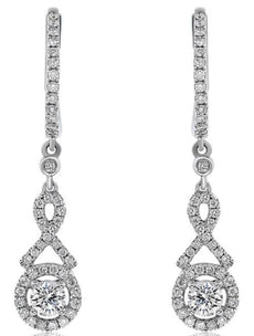 .90CT DIAMOND 14KT WHITE GOLD 3D SOLITAIRE HALO SEMI INFINITY HANGING EARRINGS