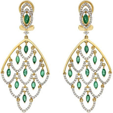3.3CT DIAMOND & AAA EMERALD 18K YELLOW GOLD ROUND & MARQUISE CHANDELIER EARRINGS