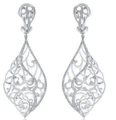 LARGE 1.6CT DIAMOND 18K WHITE GOLD OPEN FILIGREE LEAF TEAR DROP HANGING EARRINGS
