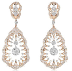LARGE 6.25CT DIAMOND 18KT WHITE & ROSE GOLD 3D FLOWER TEAR DROP HANGING EARRINGS