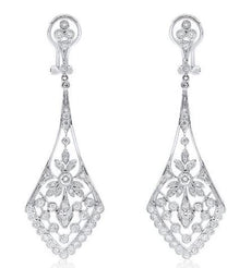 1.76CT DIAMOND 18KT WHITE GOLD OPEN FILIGREE TEAR DROP CLIP ON HANGING EARRINGS
