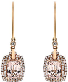 3.46CT DIAMOND & AAA MORGANITE 18KT ROSE GOLD CUSHION & ROUND HANGING EARRINGS