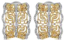 WIDE .45CT DIAMOND 14KT 2 TONE GOLD 3D OPEN FILIGREE CLIP ON HANGING EARRINGS