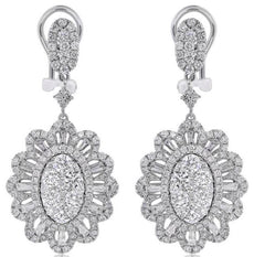 LARGE 4.15CT DIAMOND 18KT WHITE GOLD ROUND & BAGUETTE CLIP ON HANGING EARRINGS