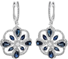 3.77CT DIAMOND & AAA SAPPHIRE 14KT WHITE GOLD PEAR SHAPE FLOWER HANGING EARRINGS