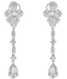 1.67CT DIAMOND 18KT WHITE GOLD ROUND & BAGUETTE TEAR DROP HANGING EARRINGS
