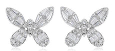 1.0CT DIAMOND 18KT WHITE GOLD 3D ROUND & BAGUETTE BUTTERFLY LOVE STUD EARRINGS