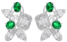 2.57CT DIAMOND & AAA EMERALD 18KT WHITE GOLD 3D ROUND & BAGUETTE STUD EARRINGS