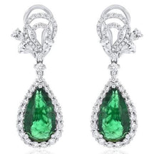 LARGE 11.01CT DIAMOND & AAA EMERALD 18KT WHITE GOLD PEAR SHAPE HANGING EARRINGS