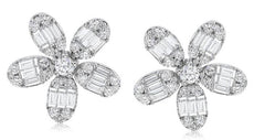 1.07CT DIAMOND 18KT WHITE GOLD 3D ROUND & BAGUETTE CLUSTER FLOWER STUD EARRINGS