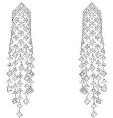 7.37CT DIAMOND 18KT WHITE GOLD ROUND AND BAGUETTE OPEN FILIGREE HANGING EARRINGS