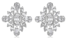 LARGE 1.93CT DIAMOND 18KT WHITE GOLD 3D ROUND & BAGUETTE FLOWER CLUSTER EARRINGS