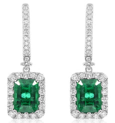 4.68CT DIAMOND & AAA EMERALD 18KT WHITE GOLD 3D SQUARE & ROUND HANGING EARRINGS