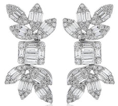 LARGE 1.53CT DIAMOND 18KT WHITE GOLD 3D ROUND & BAGUETTE FLOWER HANGING EARRINGS