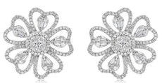 ESTATE 1.30CT DIAMOND 18KT WHITE GOLD 3D MULTI FLOWER ROUND & BAGUETTE EARRINGS